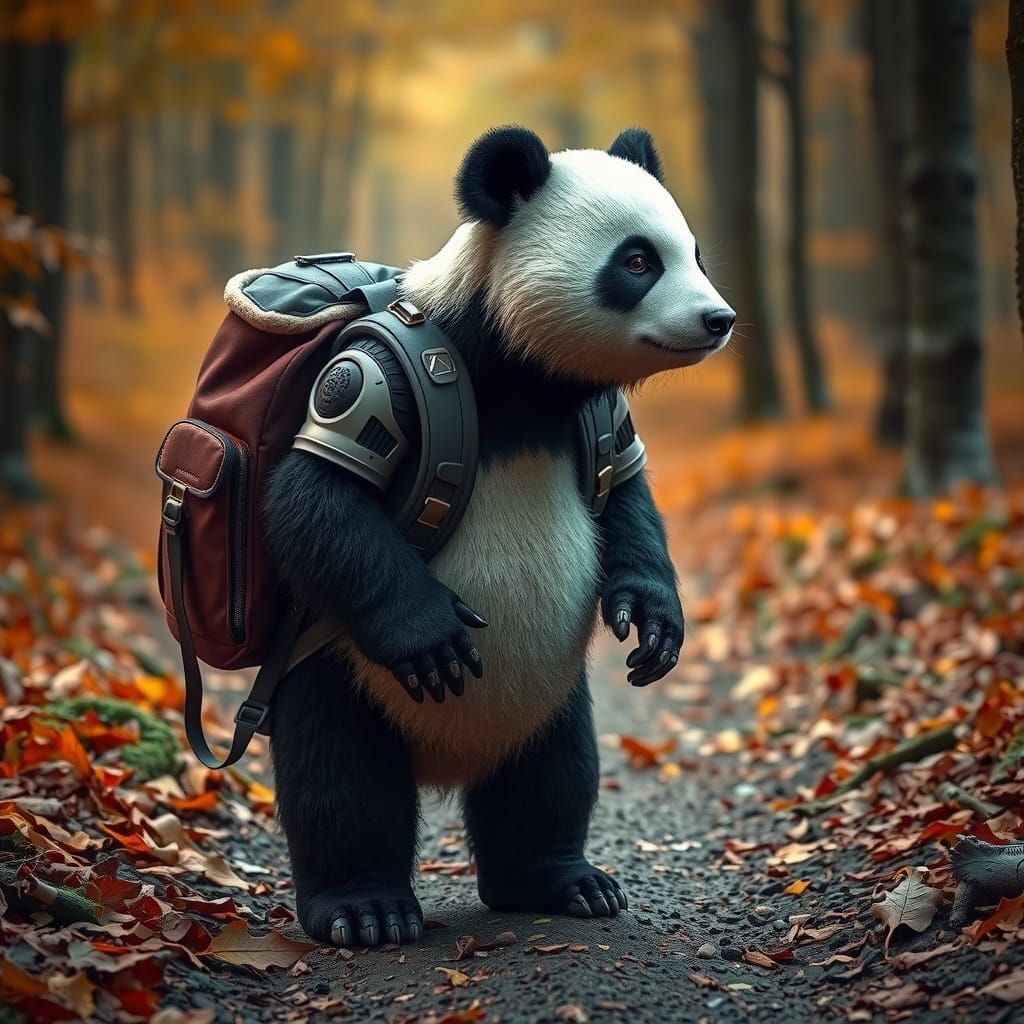 Panda with Backpack in Autumn Forest: Digital Art