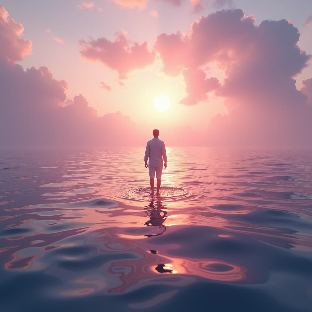 Man Walks on Water in Glowing Surreal Seascape