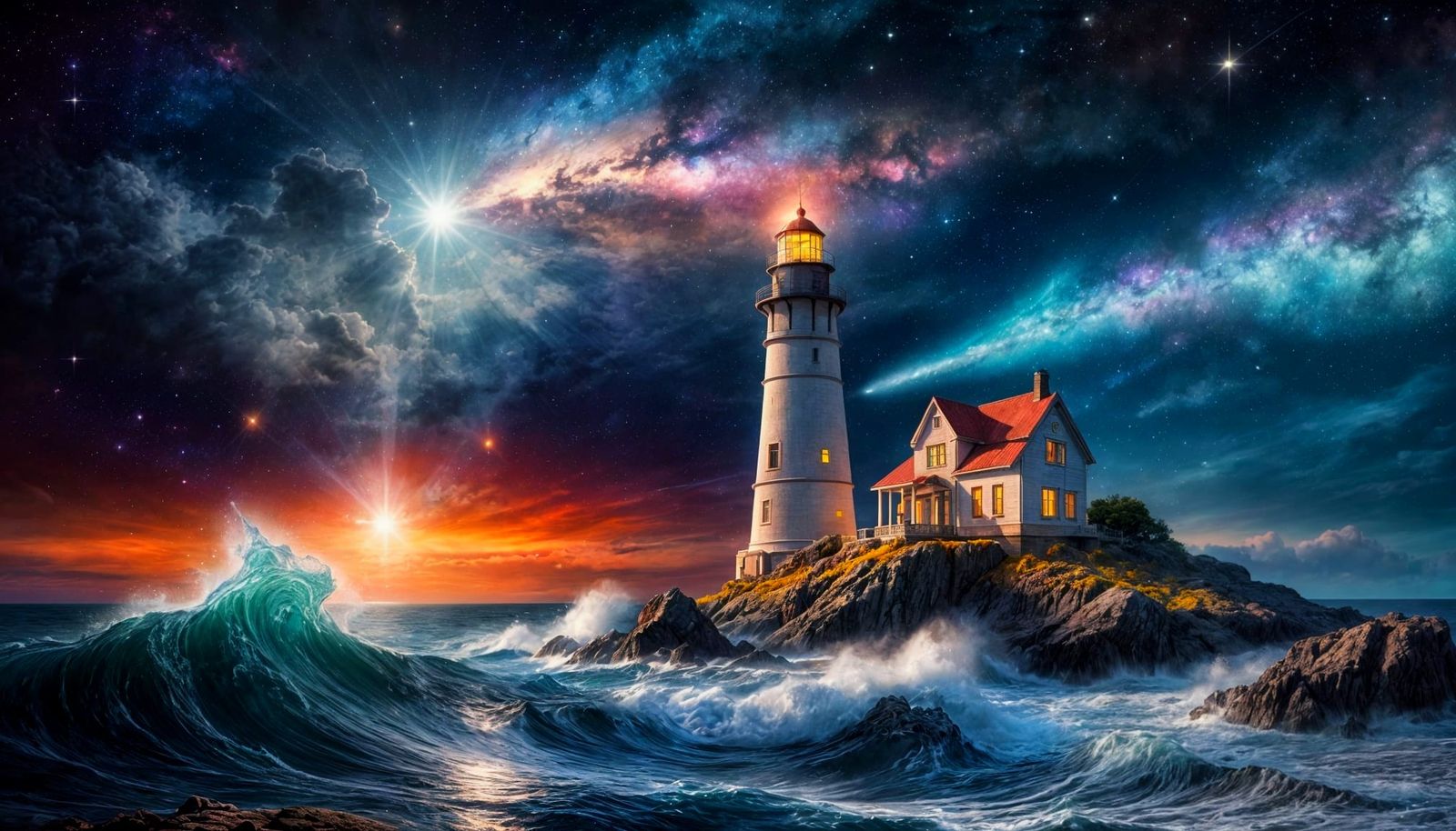 Lighthouse at Night with Milky Way in Sfumato Style