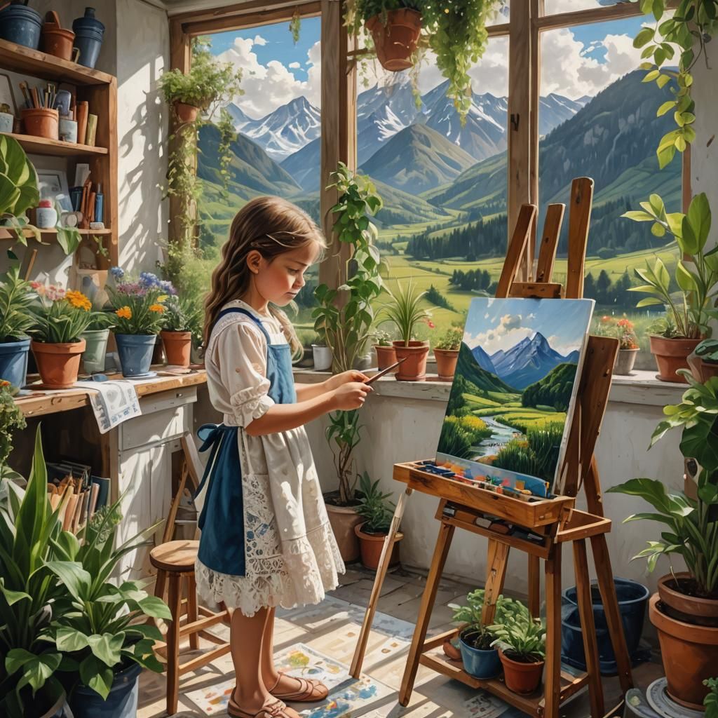 Bohemian Girl Artist Painting a Colorful Landscape