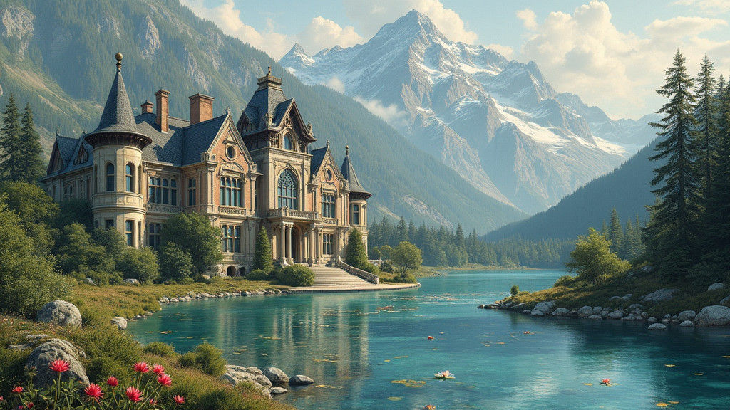 Ornate Mansion with Mountain Lake, Romantic Landscape