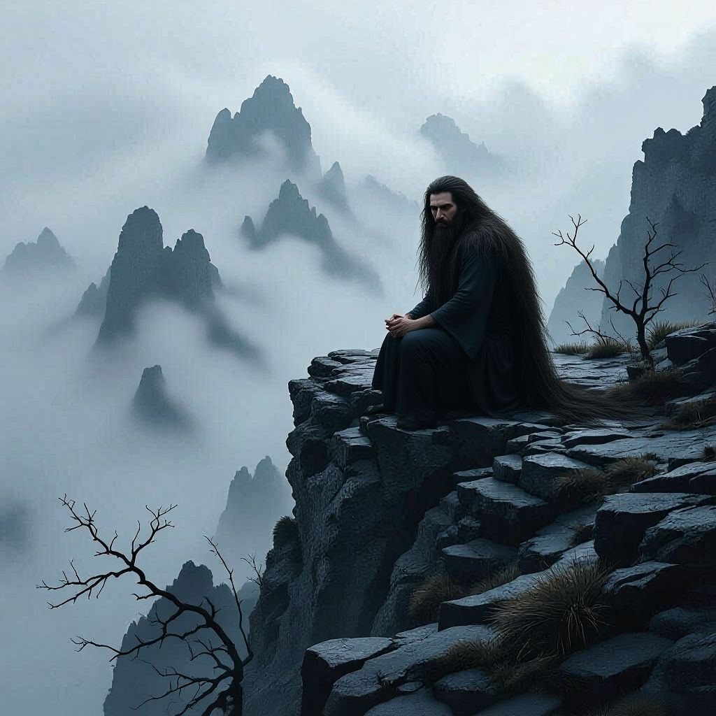 Monk Meditating on Crumbling Peak in Misty Landscape