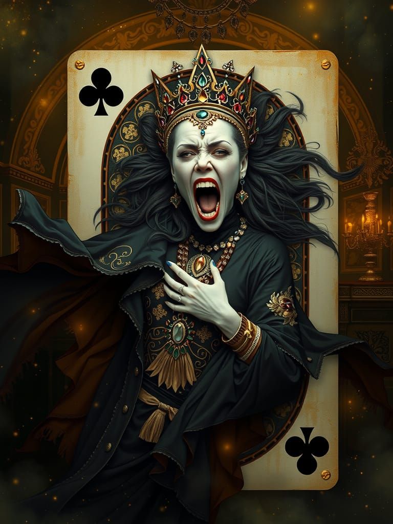 A vintage playing card of the Queen of Clubs screaming in rage, dramatically transforming into a living character, with ...