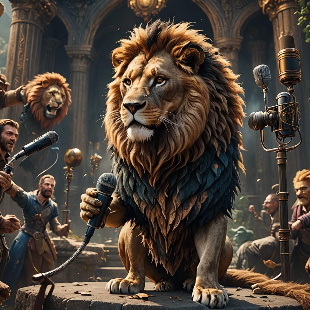 Lion Gentleman Speaking into Microphone: Fantasy Concept Art