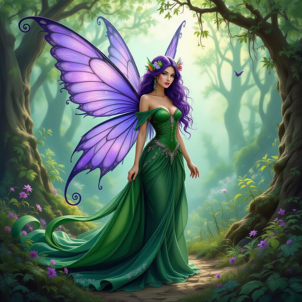 Large Purple Fairy in Whimsical Forest