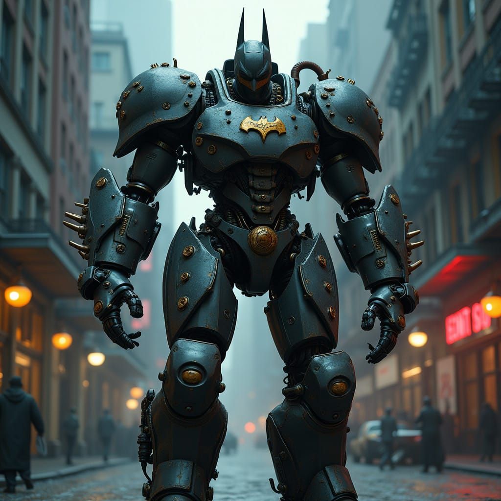 Cyberpunk Batman Mech Rises Amidst Gritty Gotham City