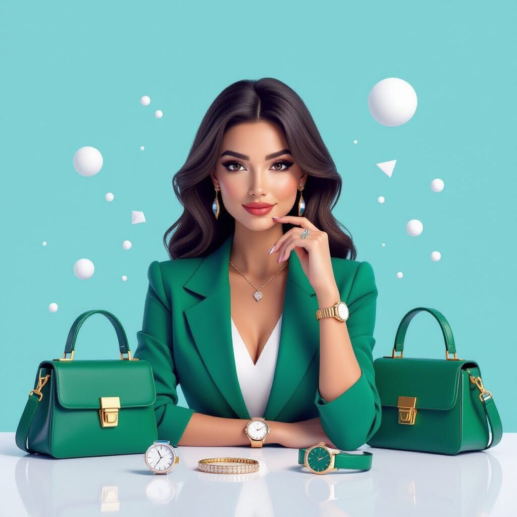 Modern Woman Surrounded by Luxury in 3D Digital Art