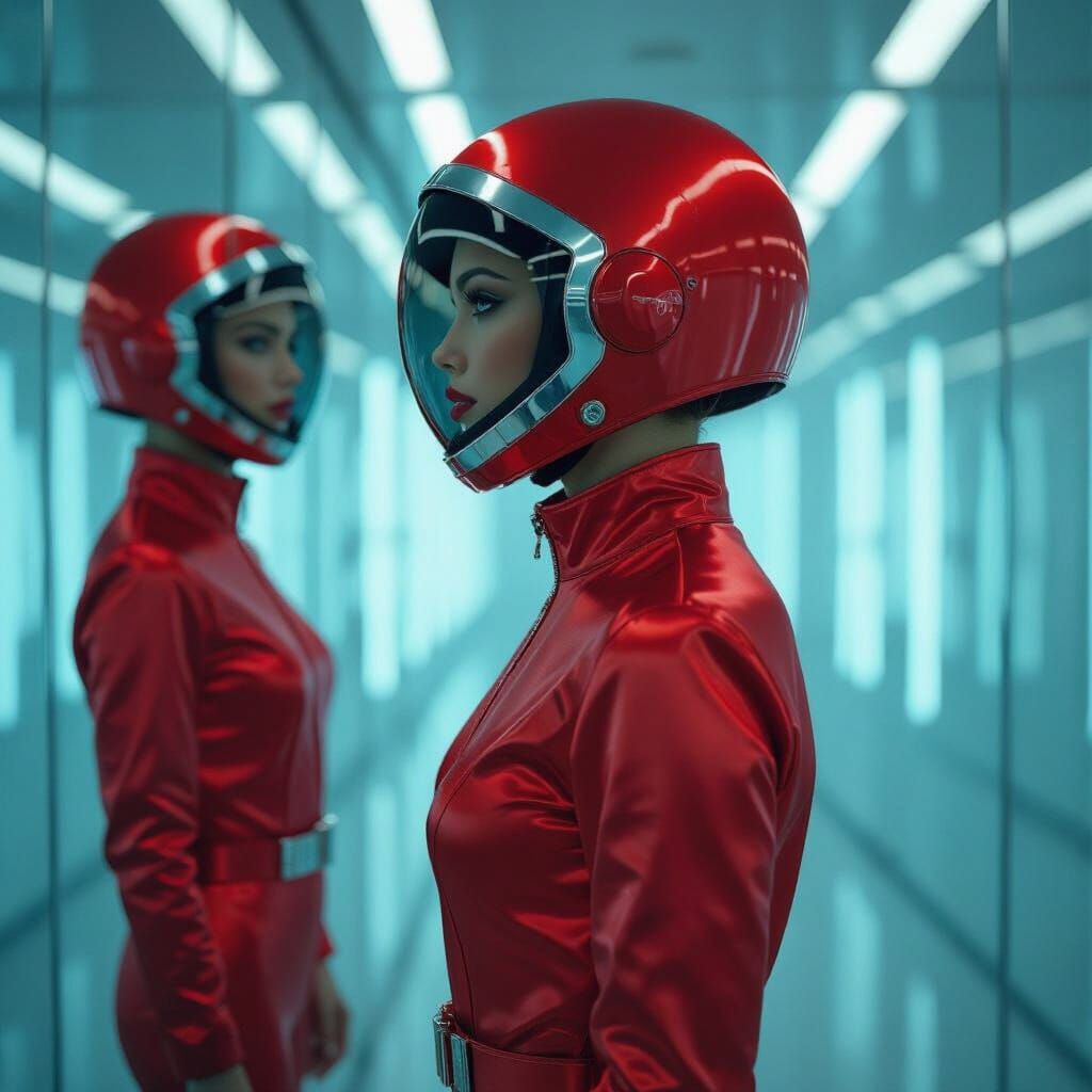 Astronaut in Red Satin Spacesuit in Cyberpunk Style