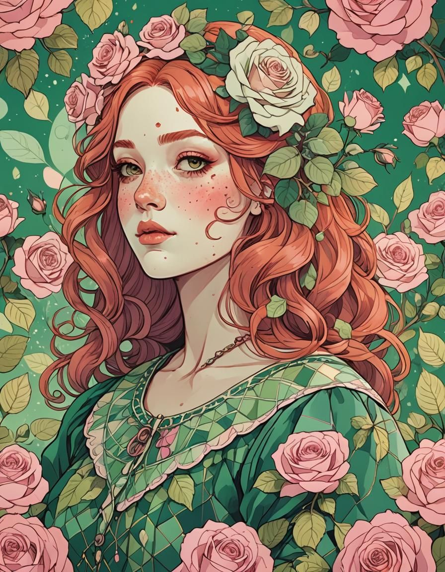 Psychedelic Anime Woman with Argyle Patterns