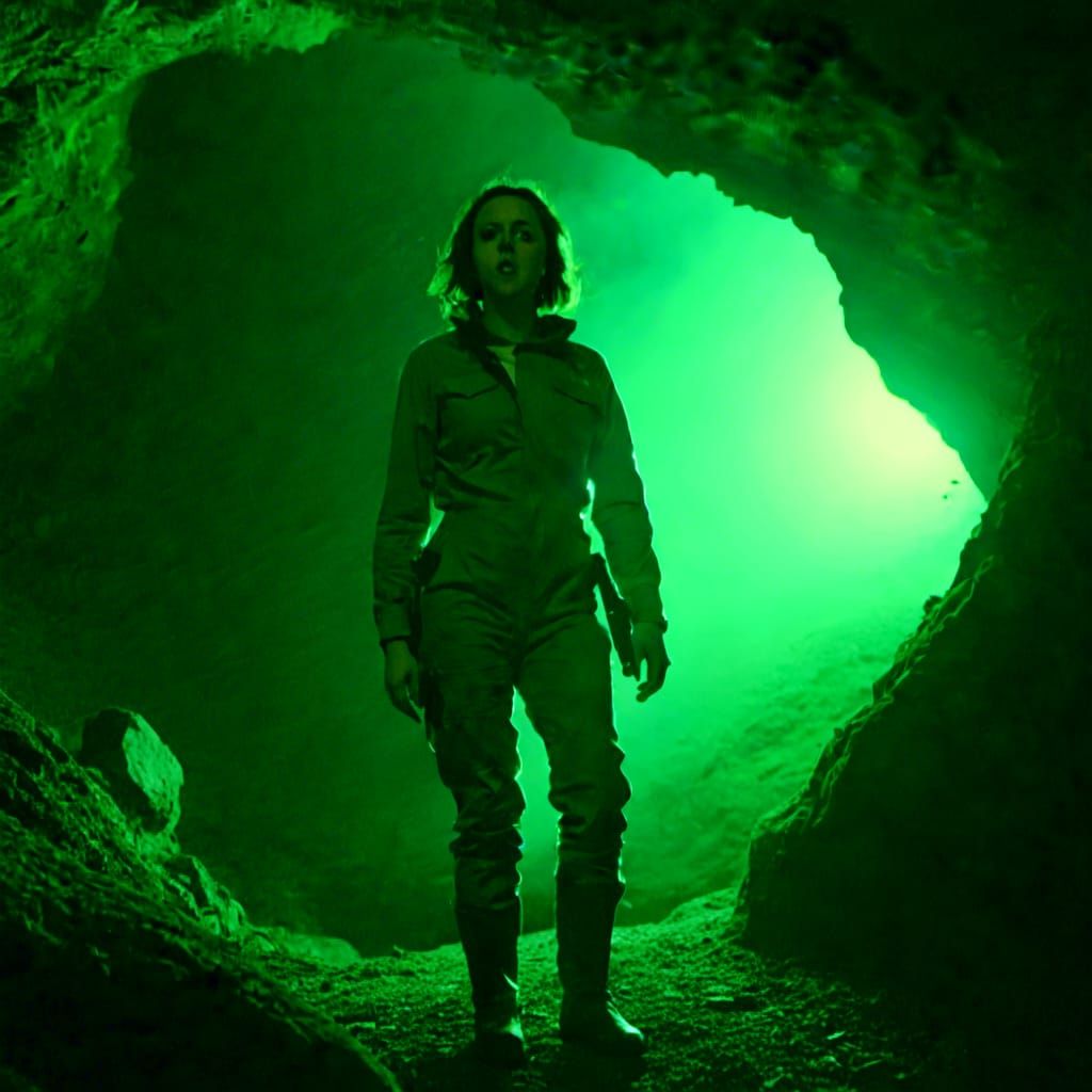 Caver in an Expansive Cave with Bats