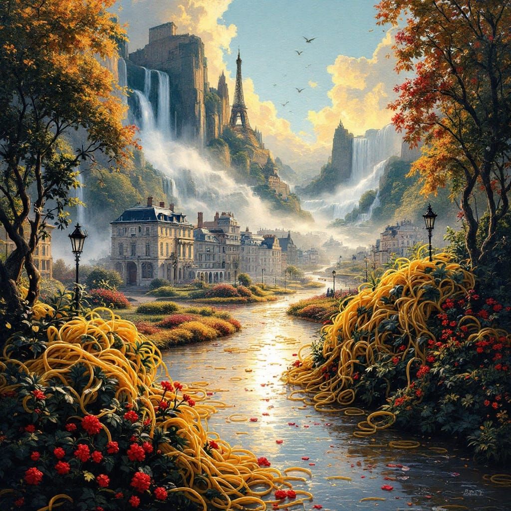 Spaghetti Waterfall Painting with Paris Background
