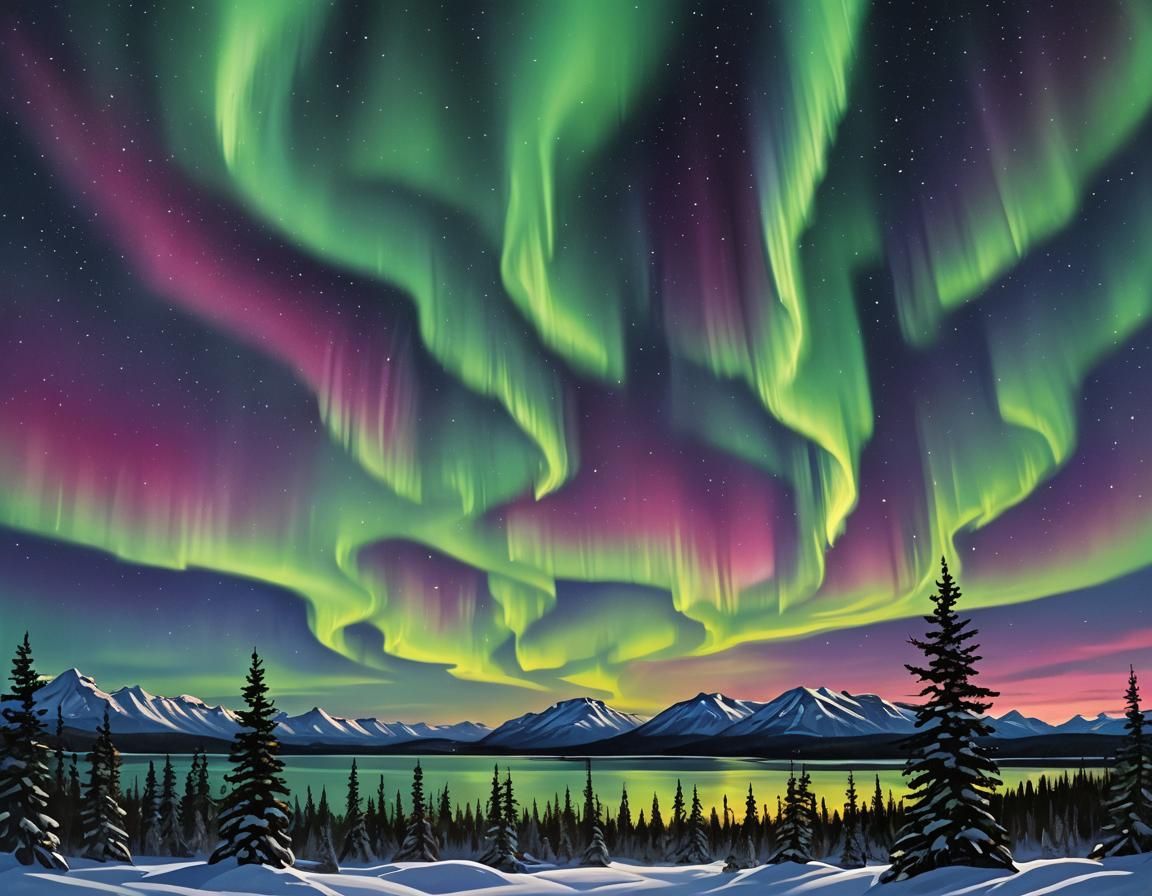 Vivid Aurora Borealis Night Landscape Artwork