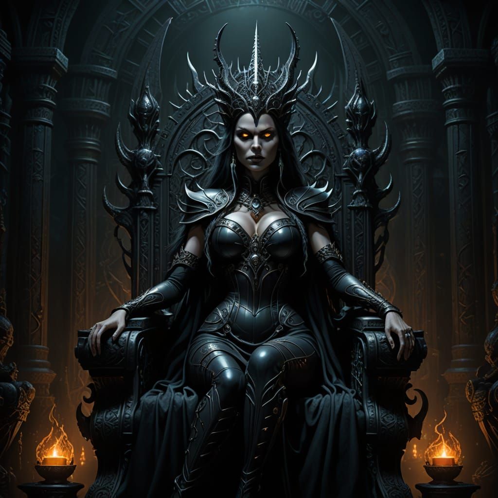 Majestic Dark Sorceress Queen on Gothic Throne