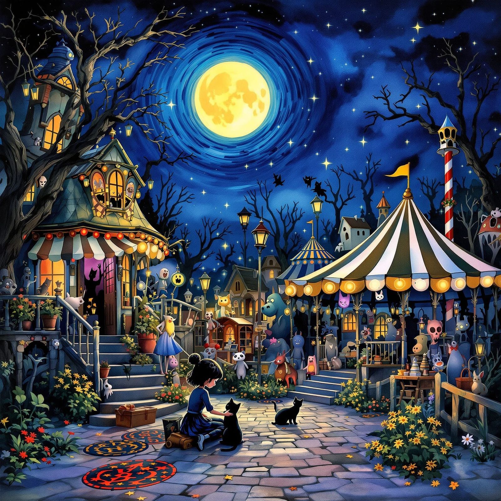 Moonlit Haunted Carnival with Whimsical Animals