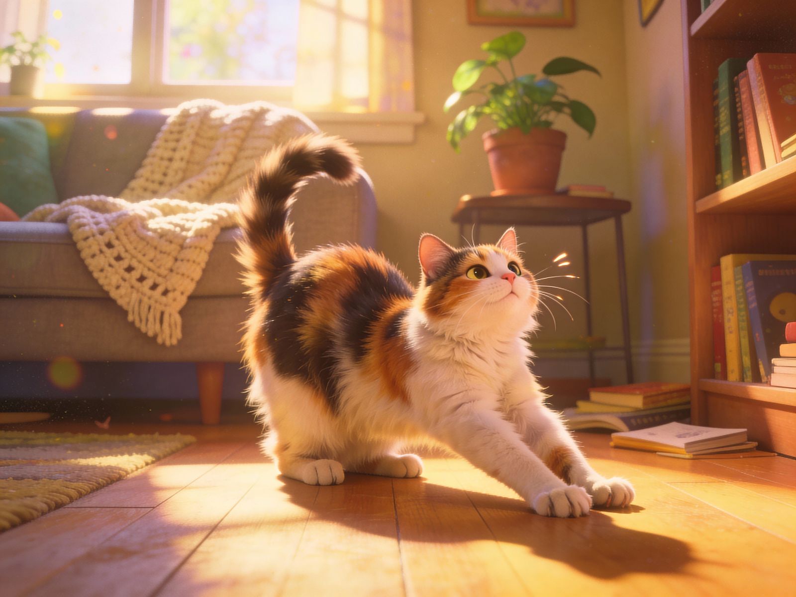 Cute Calico Cat Morning Stretch in Sunlight