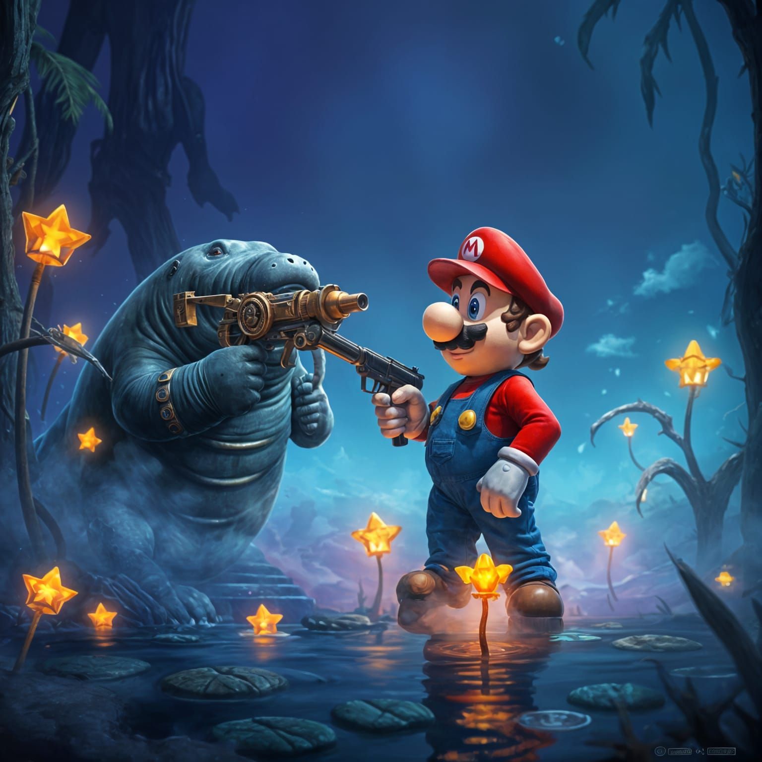 Mystical Manatee Confronts Mario in a Dreamlike Swamp