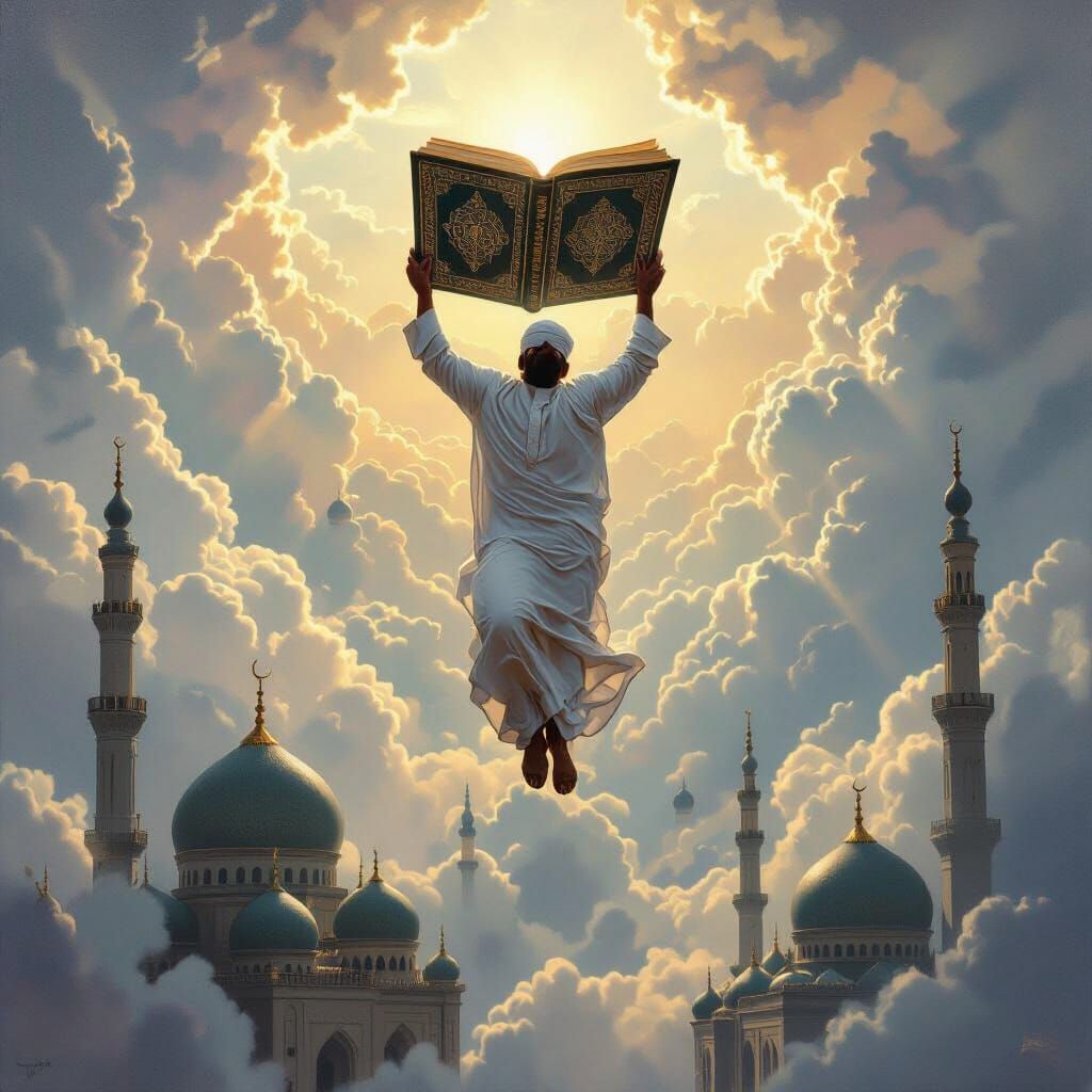 Flying Muslim Man with Quran: Oil Painting