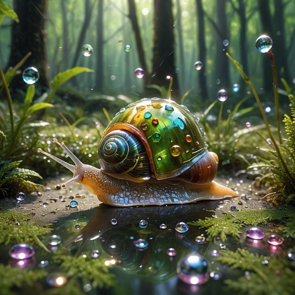 Glass Shell Snail with Gems in Dewy Forest