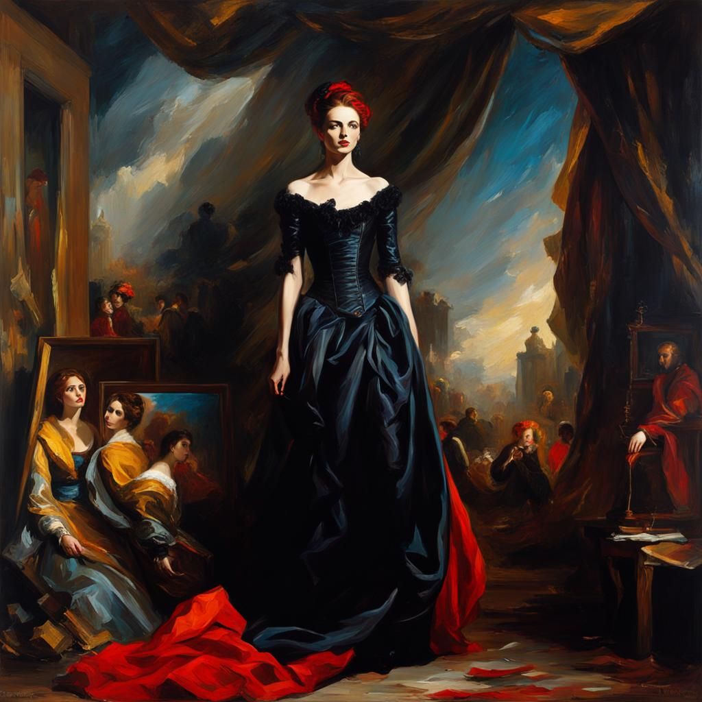 Damaged Art Gallery with Goth Model in Delacroix Style