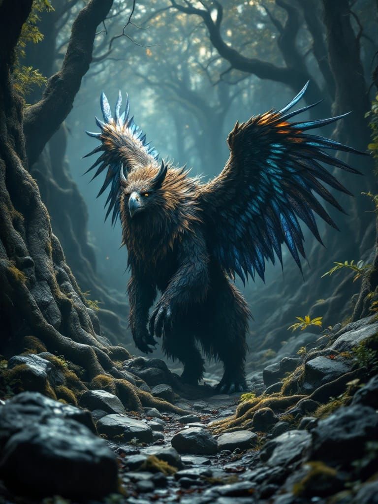 Dark Fantasy Grizzli-Eagle Chimaera in Mysterious Forest