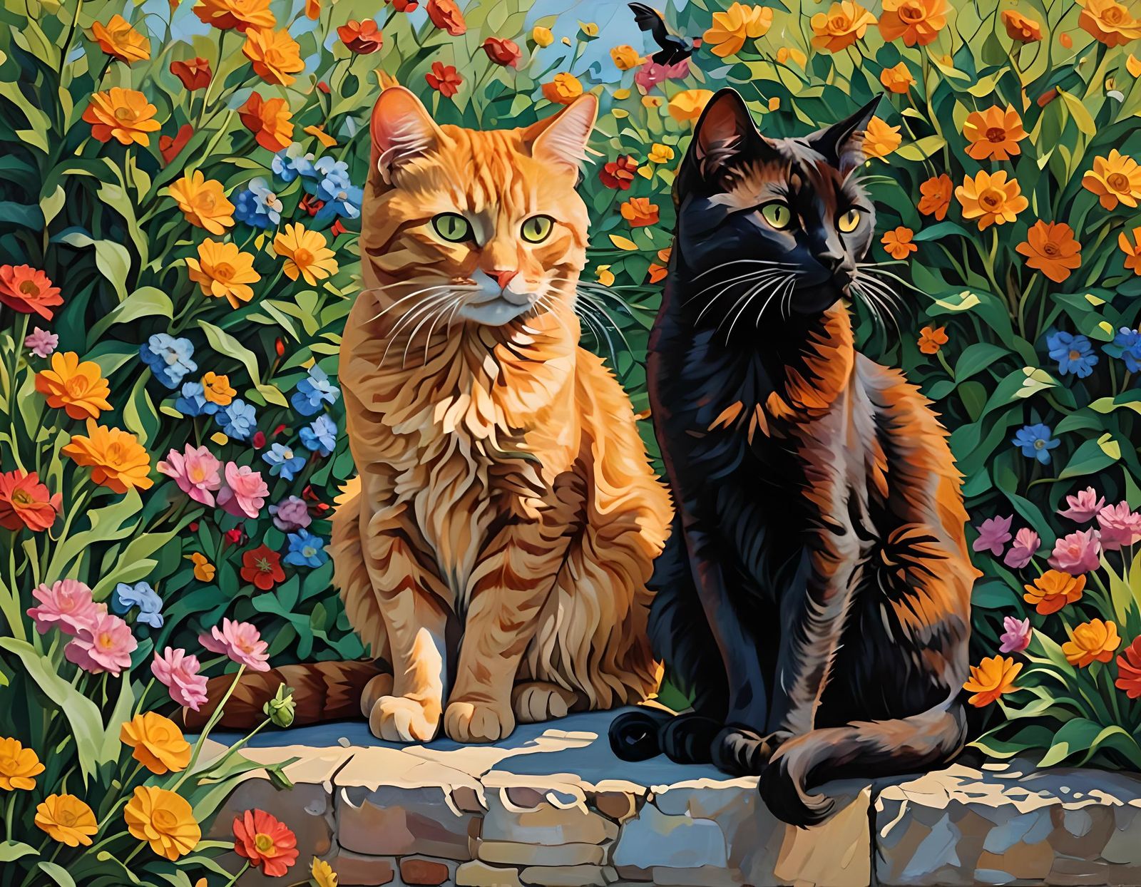 Cats in a Sunny Garden, Impasto Oil Painting