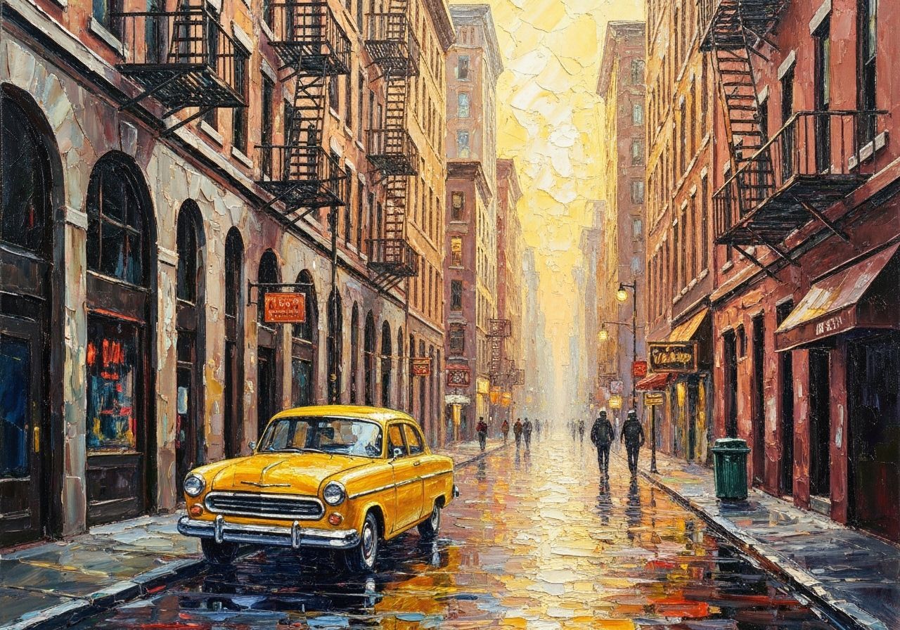 Vintage Yellow Car on Wet City Street, Impressionism
