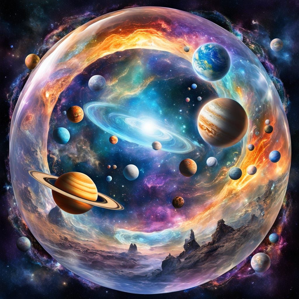 Solar System Planets in Space Bubble: Cosmic Illustration