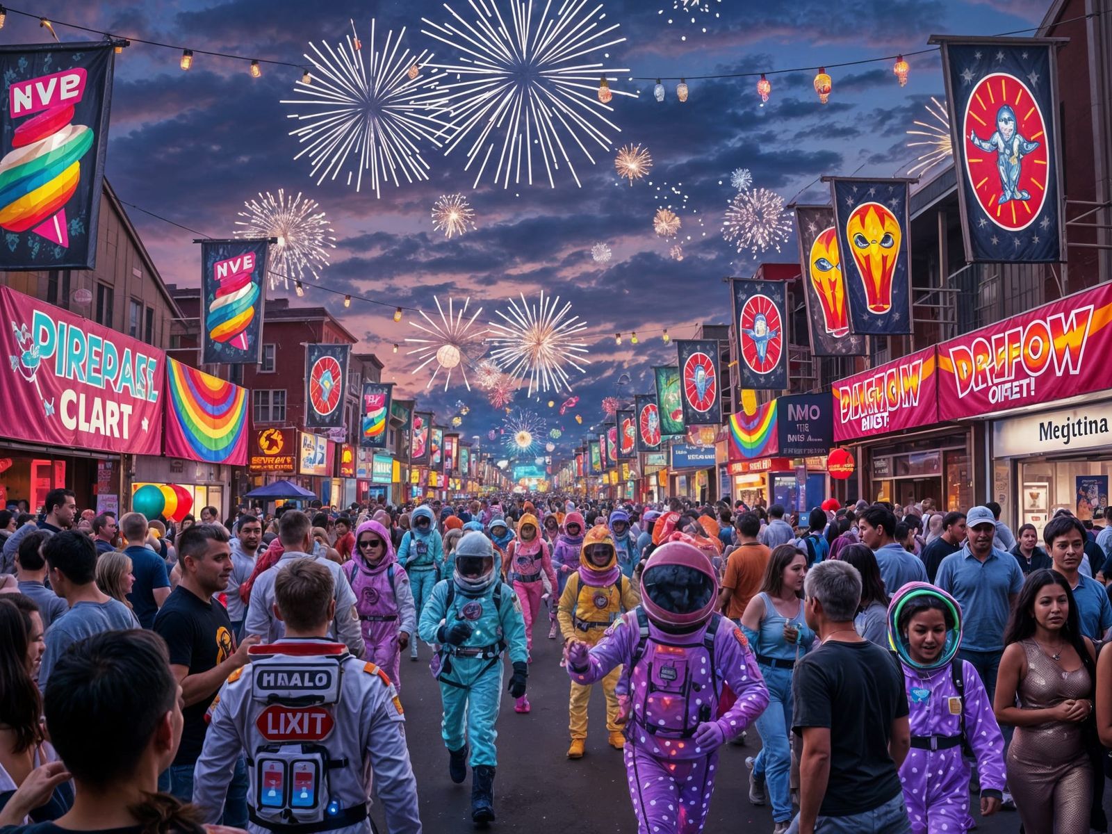 Vibrant Parade of Fantasy Characters in Neon Futuristic Styl...