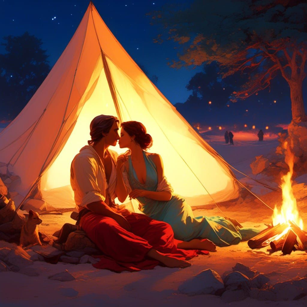 Lovers Cuddling by Campfire under Starry Sky