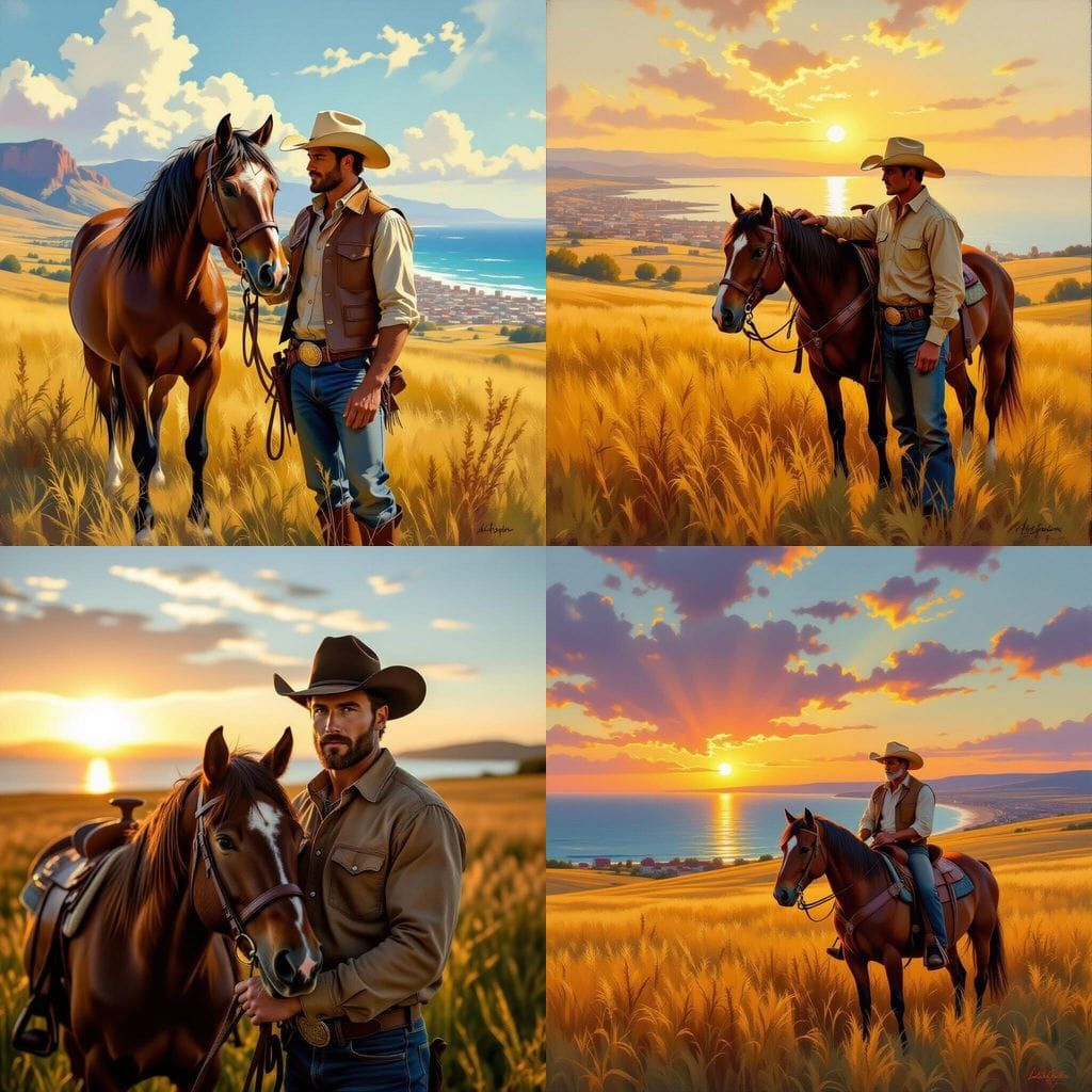 Cowboy Bonds With Horse at Farm Overlooking Sea and Cityscap...