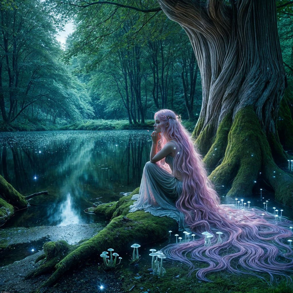 Ethereal Water Nymph in Enchanted Forest at Night