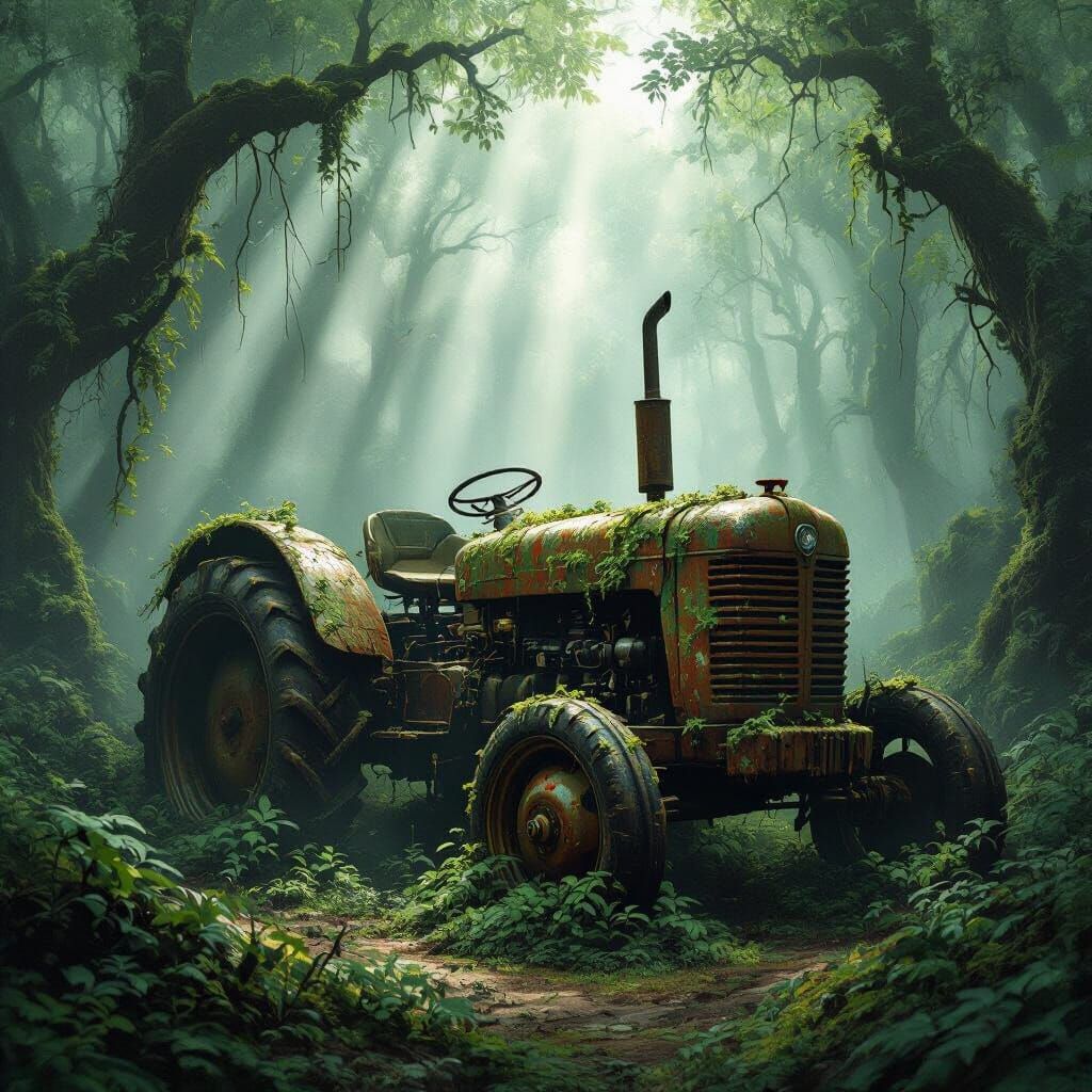 Ancient Tractor in Misty Forest: Fantasy Concept Art