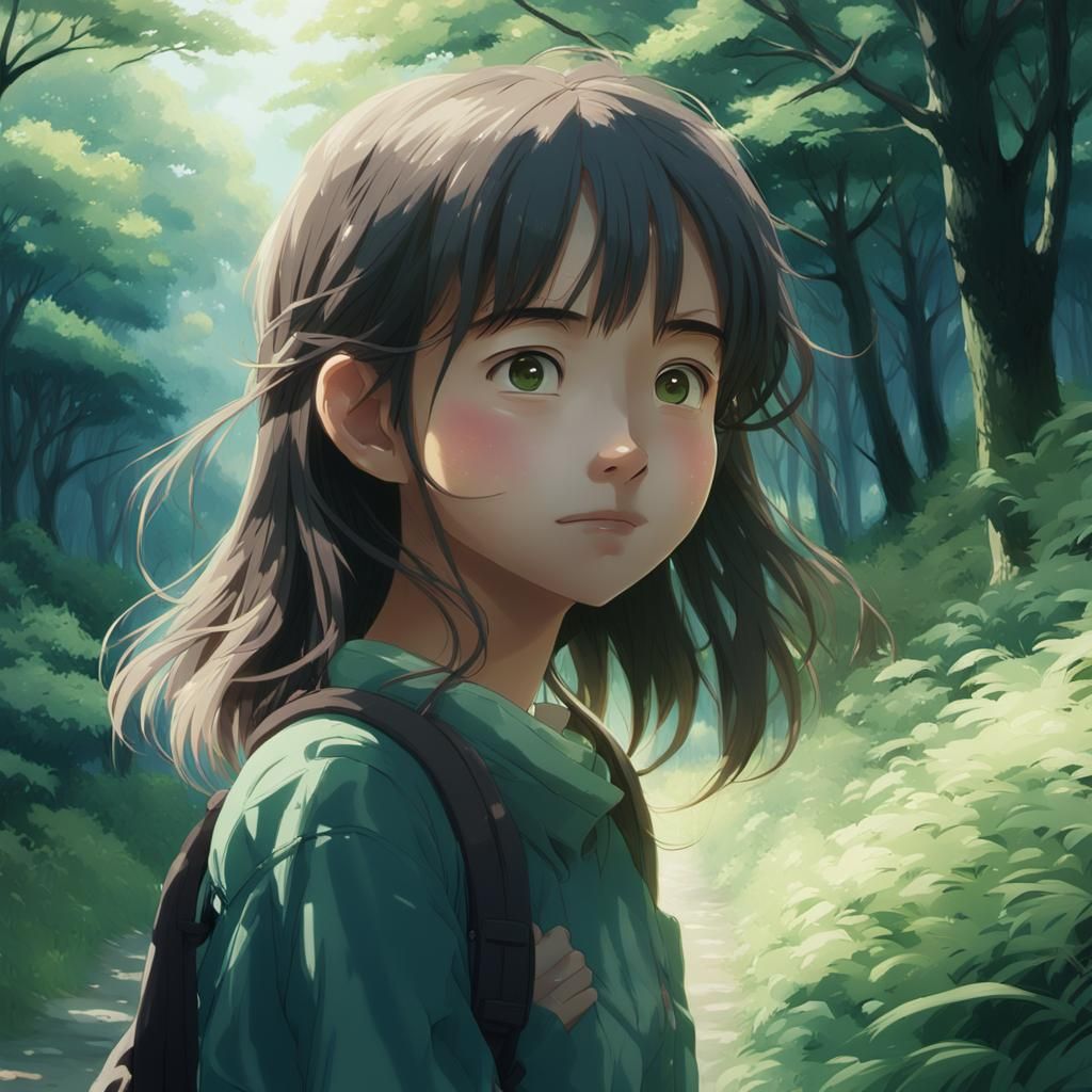 Smirking Girl in Serene Landscape: Anime Key Visual