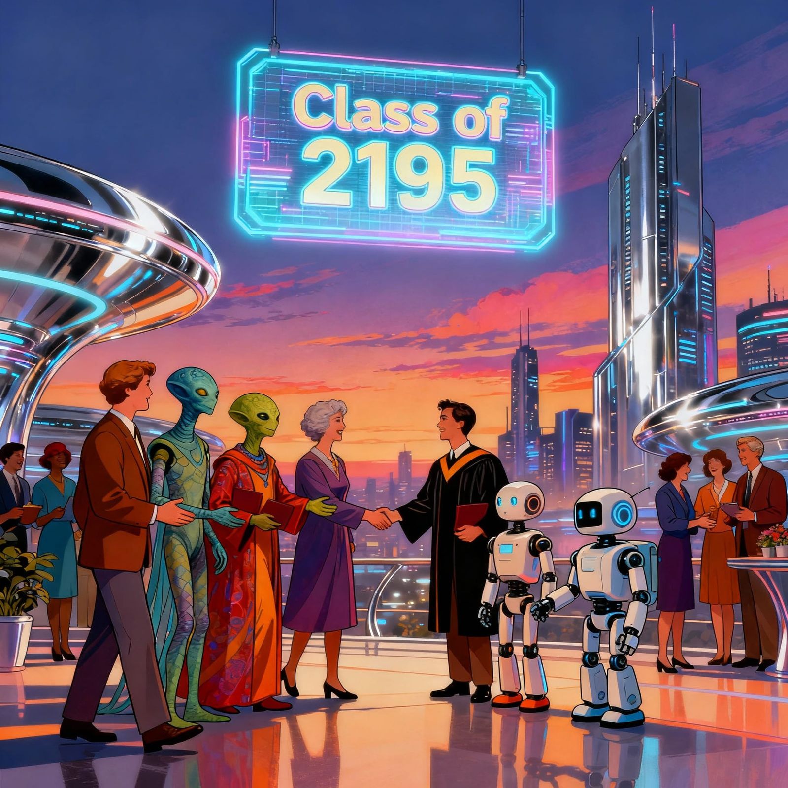 Futuristic Class Reunion With Aliens and Robots