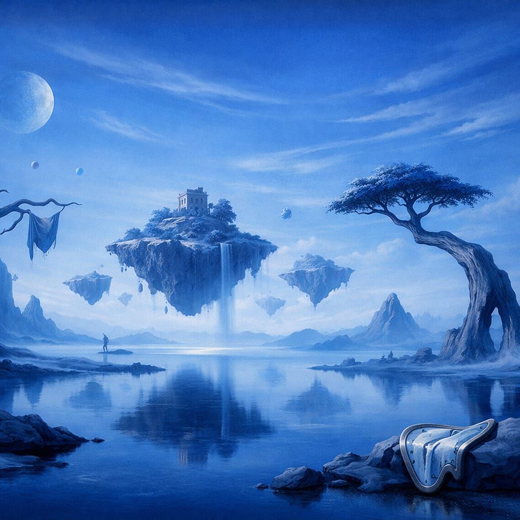 Surreal Blue Landscape with Floating Islands