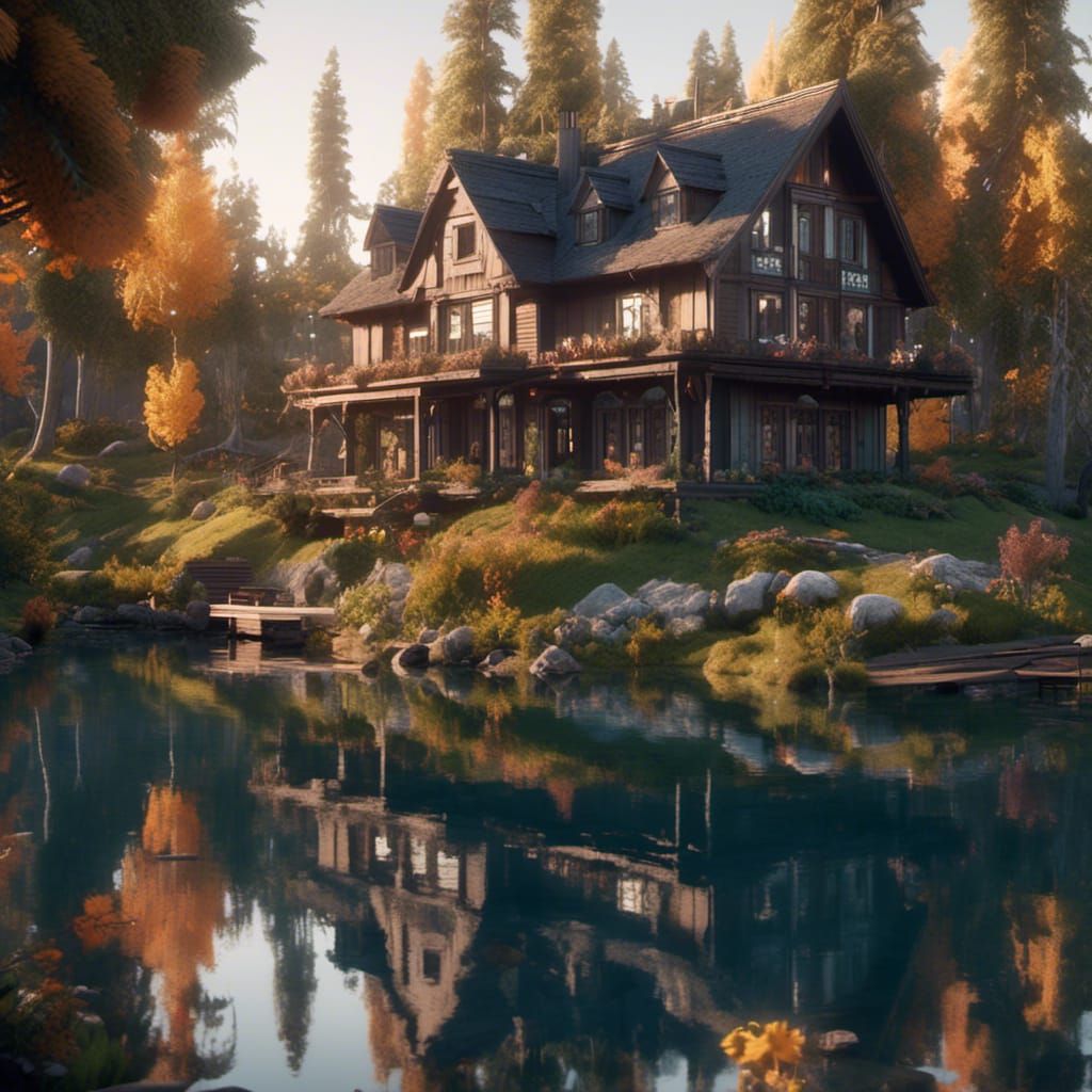 Cozy Lakeside House in 3D Game Style