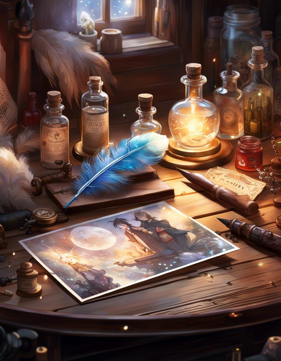 Magical Postcard with Feather and Potions, Digital Art