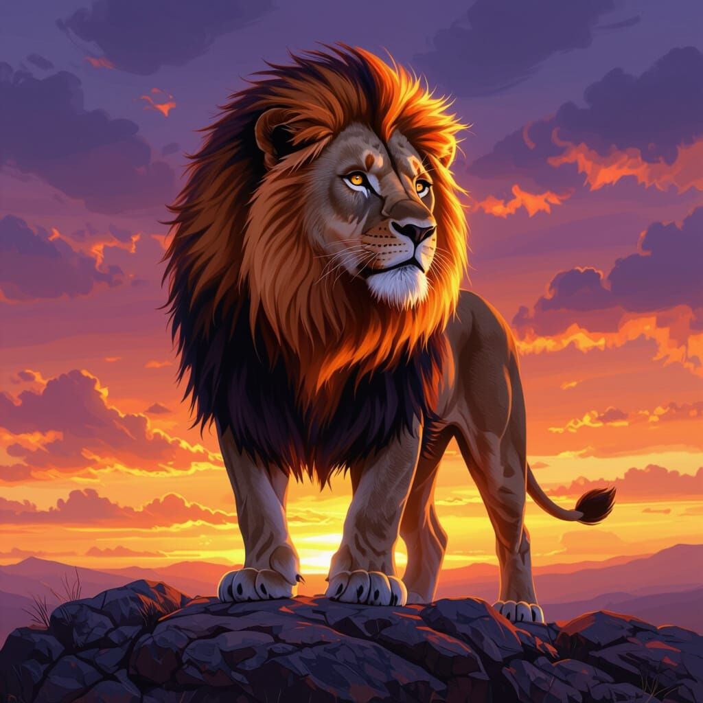 Majestic Lion with Fiery Mane at Sunset