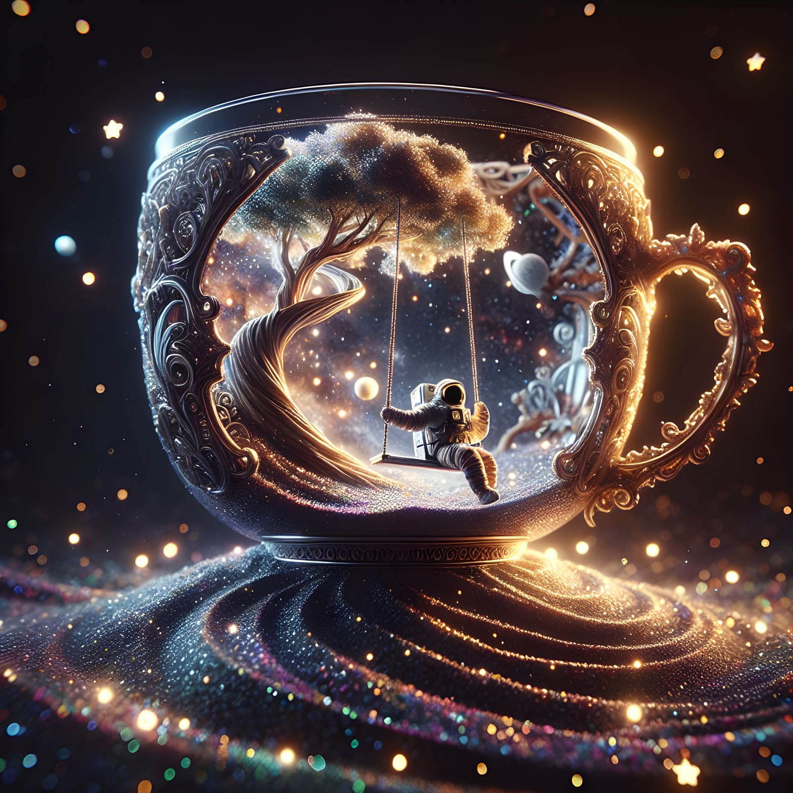 Ornate Teacup Universe with Astronaut in Hyperrealism