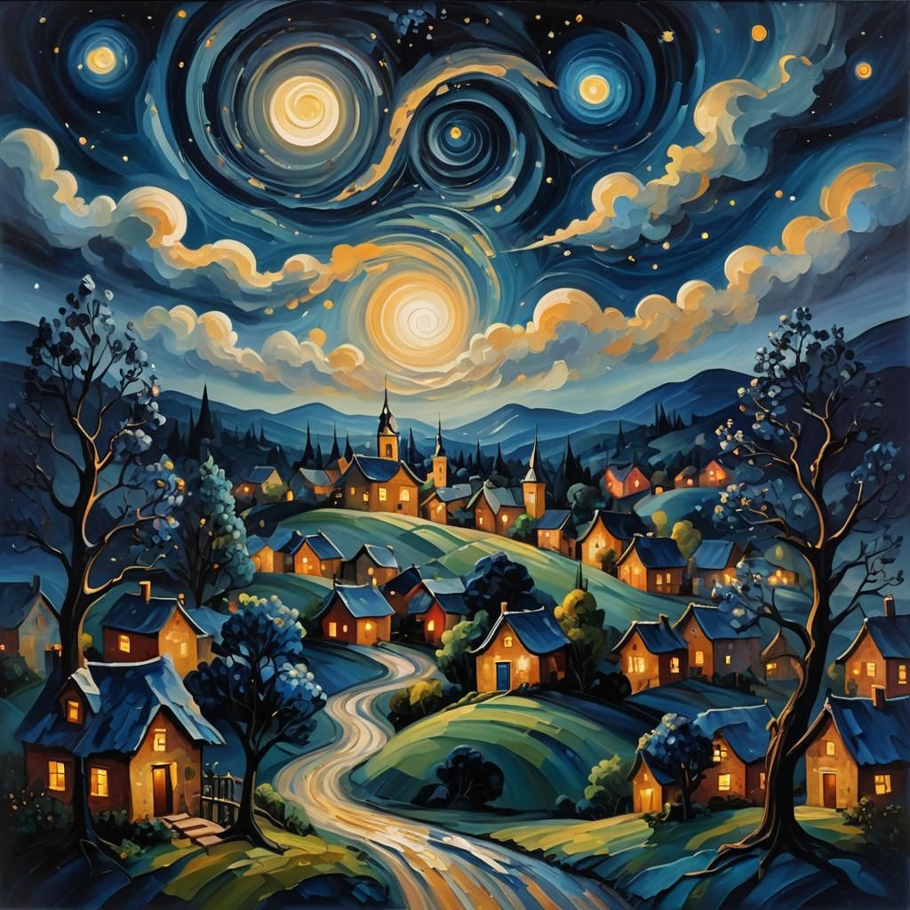 Surreal Starry Night: Expressionist Oil Painting