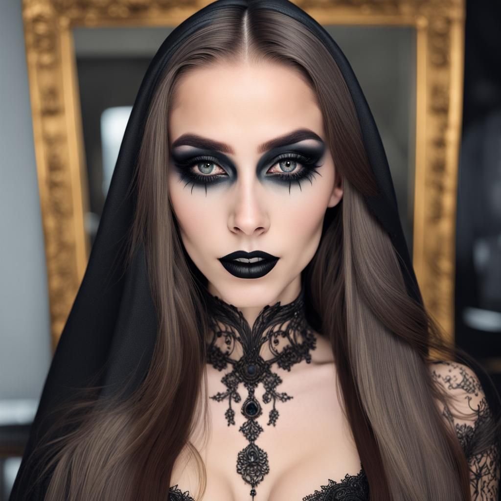 Beautiful Woman with Gothic Makeup as Hyperrealism Oil Paint...