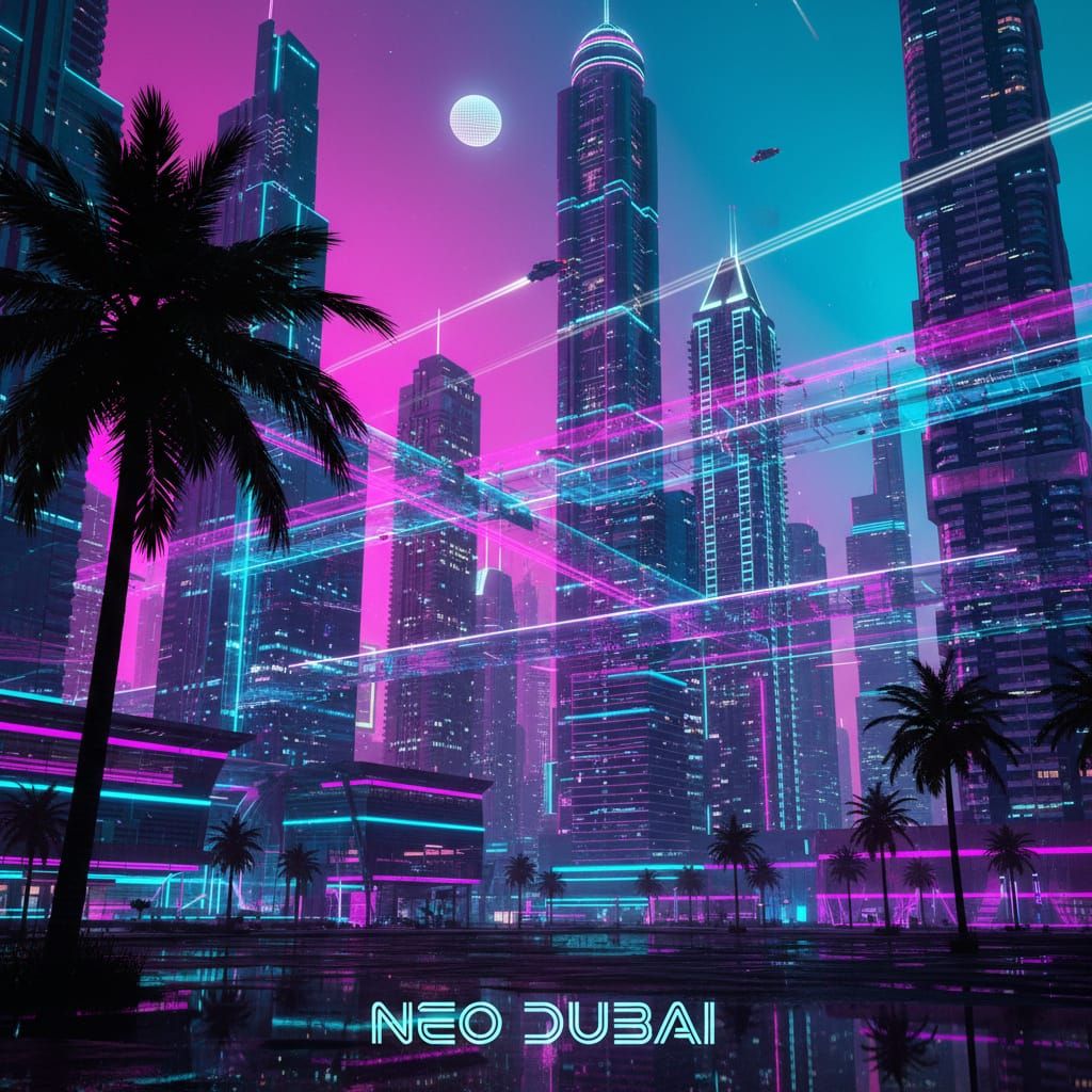 Dubai Skyline at Night in Vibrant Synthwave Neon