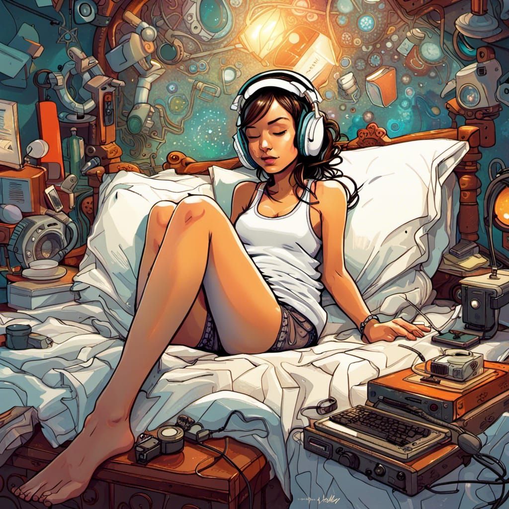 Woman in Bed with Headphones: Fantasy Splash Art