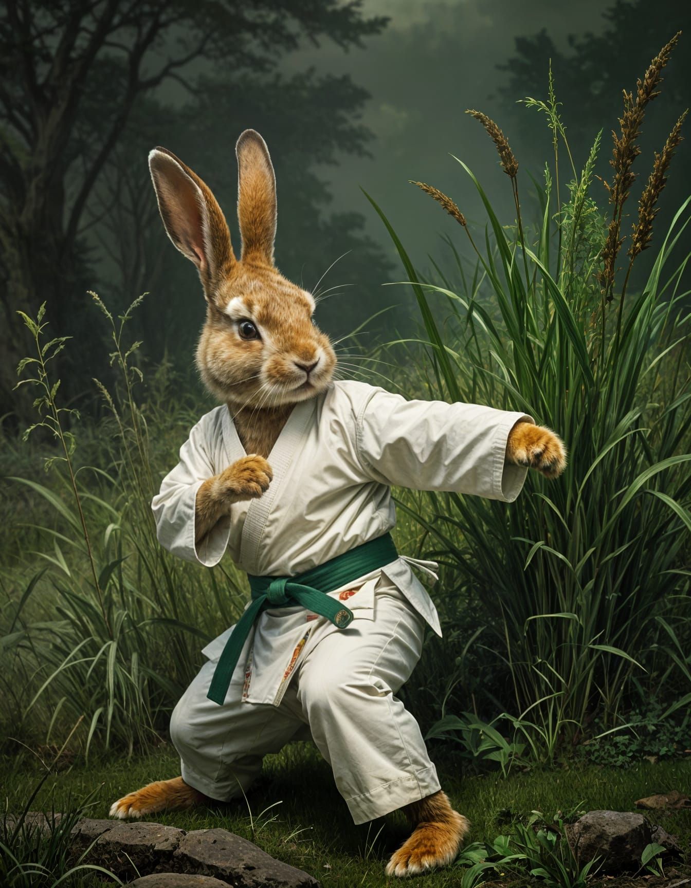 Angry Karate Bunny Chops Grass in 19th Century Style
