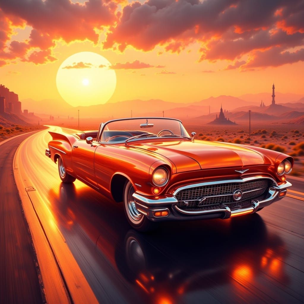 Classic Convertible on Open Road at Sunset