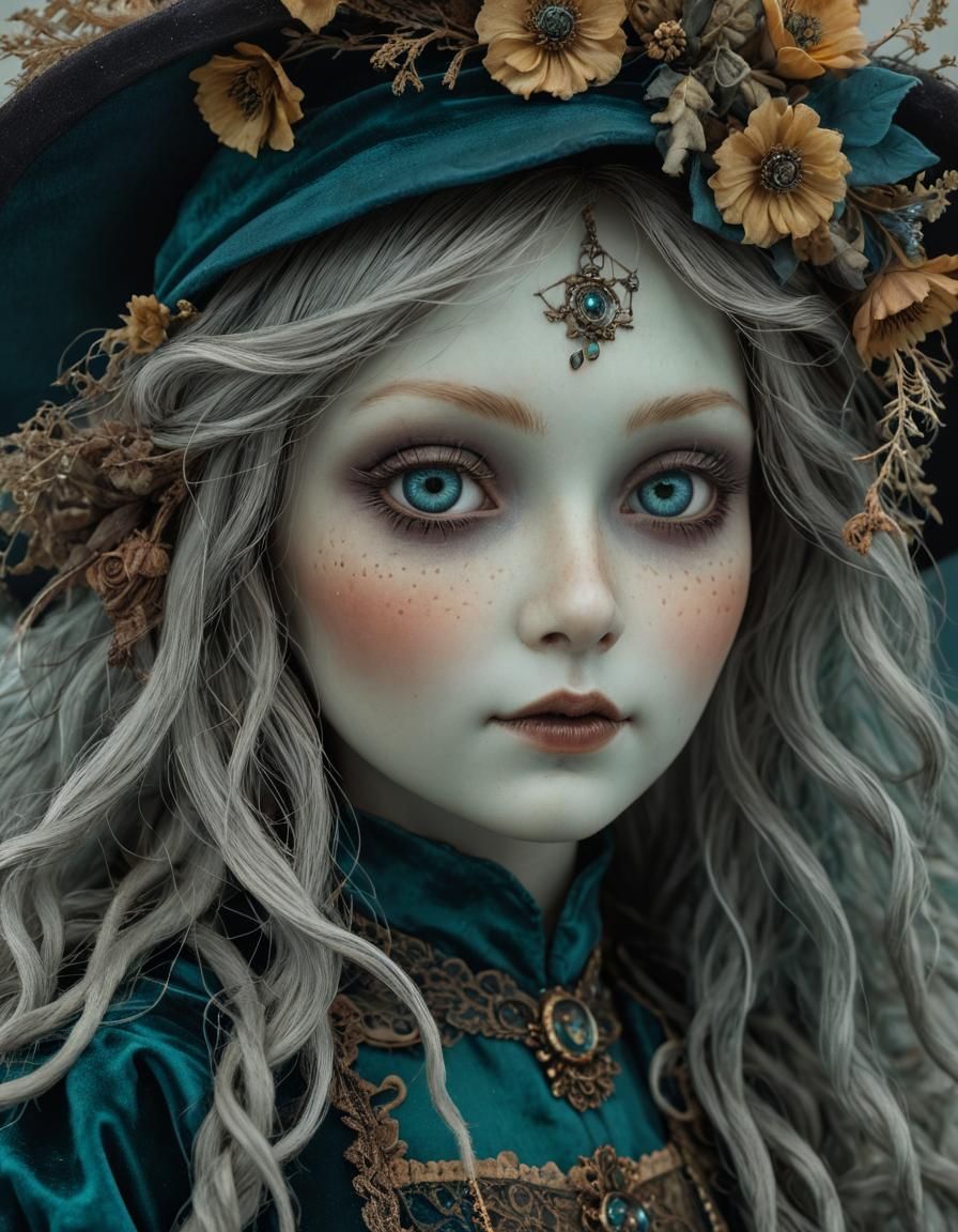 Victorian Witch Porcelain Doll in Hyper-Detailed Digital Art