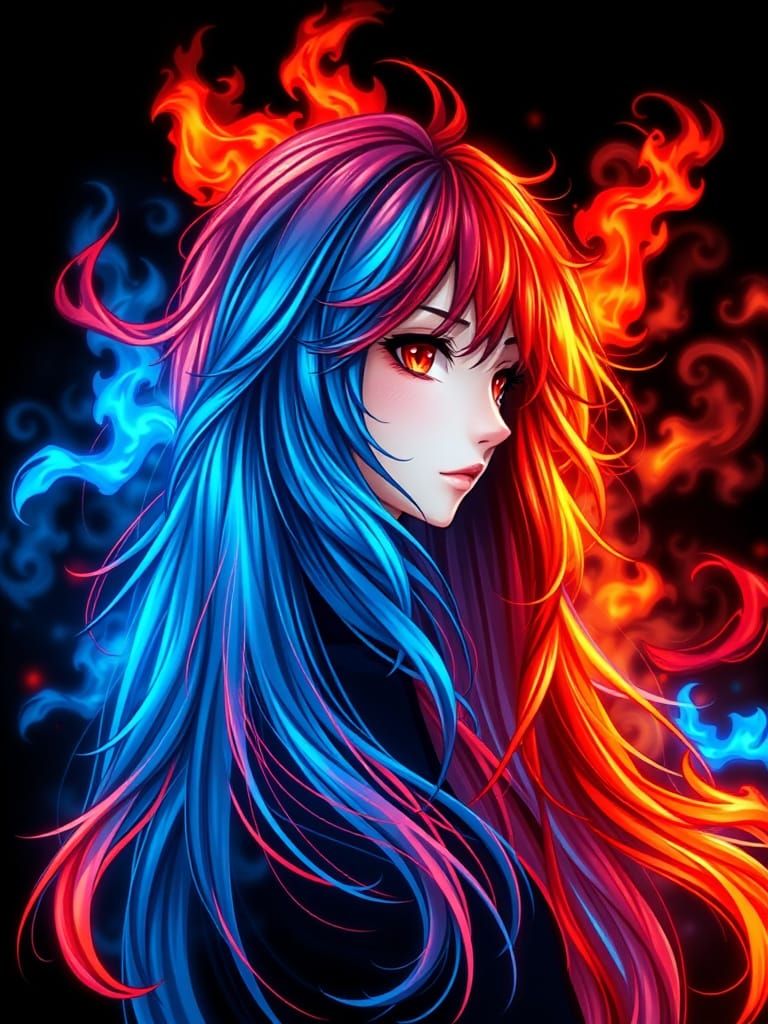 Digital Artwork of Long-Haired Girl in Vibrant Two-Tone Them...
