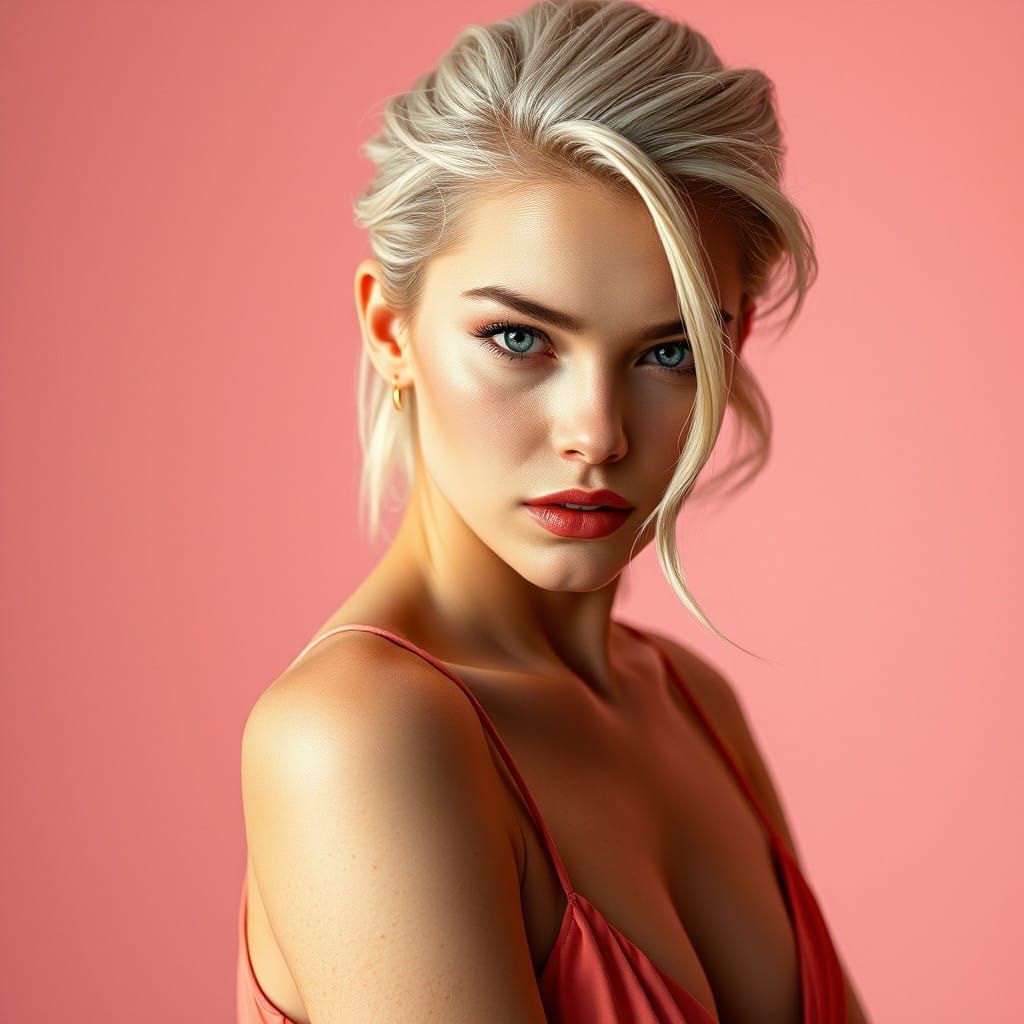 Elegant Platinum Blonde Actress in Salmon Top