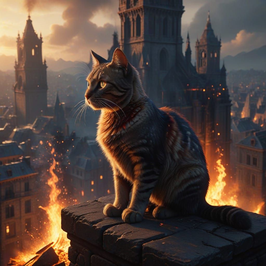 Fantasy Cat Watches City Burn in Sunset Hues