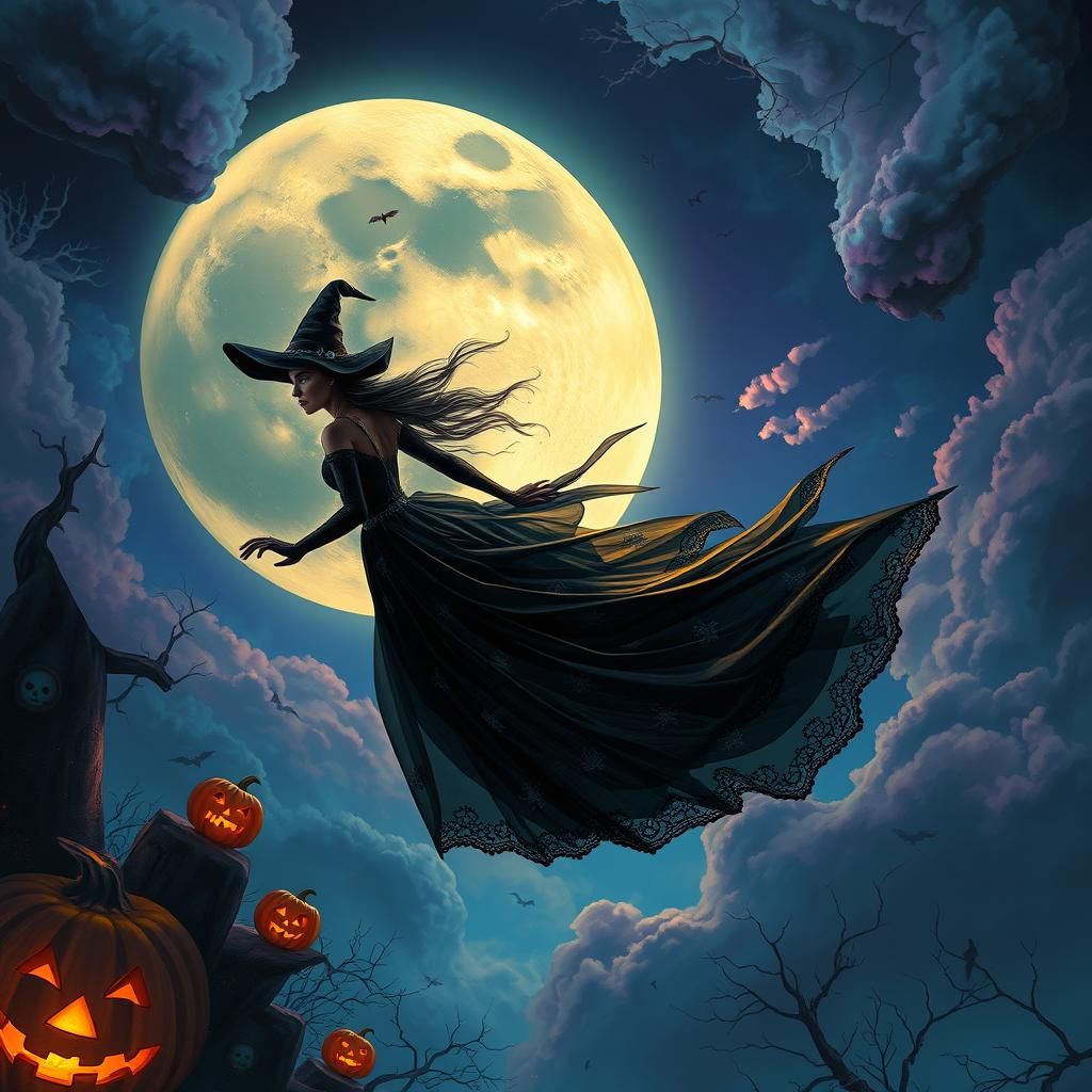 Halloween Witch Soaring Under Full Moon